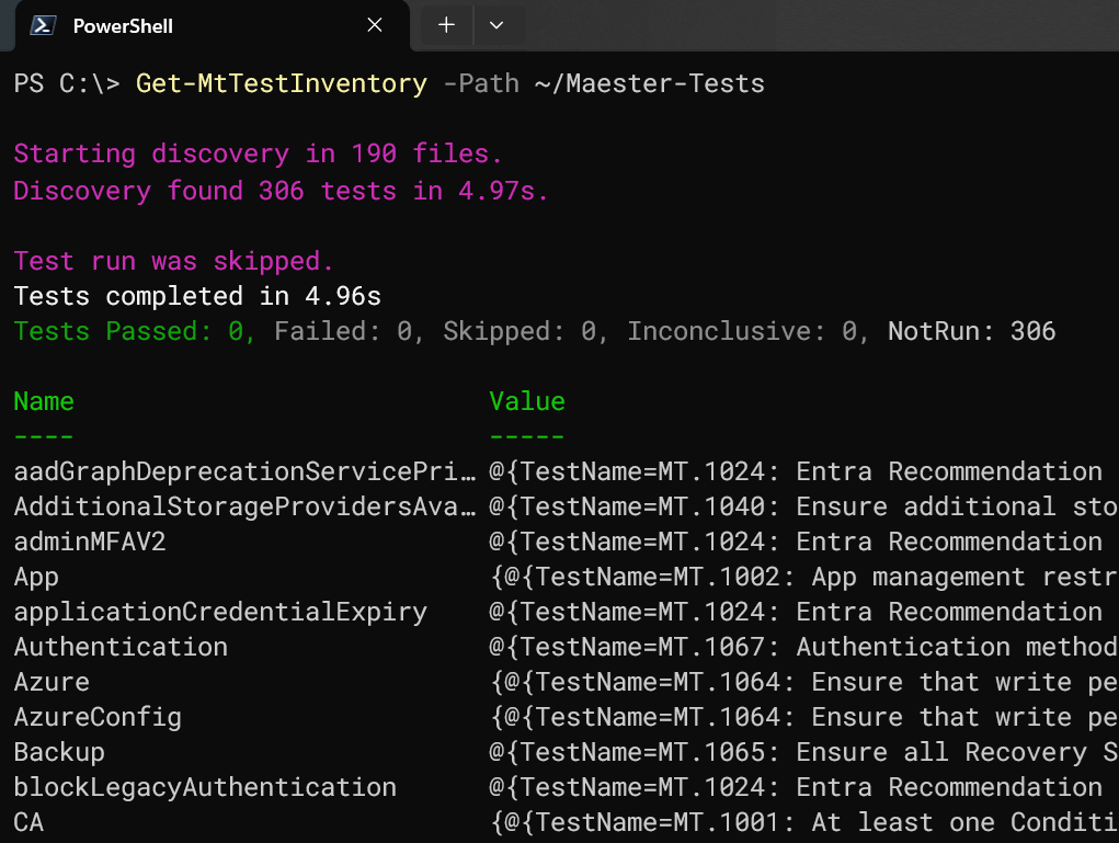 A screen shot of usage of the Get-MtTestInventory function.